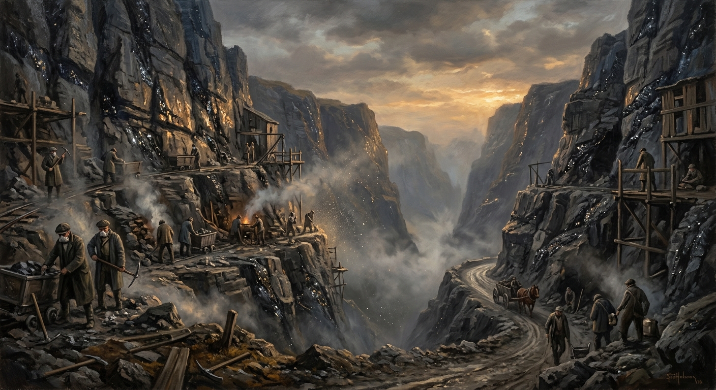 Saint-Helm's Cut from the southern ridge, volcanic glass seams glittering in the cleft walls, quarry benches and kiln smoke below