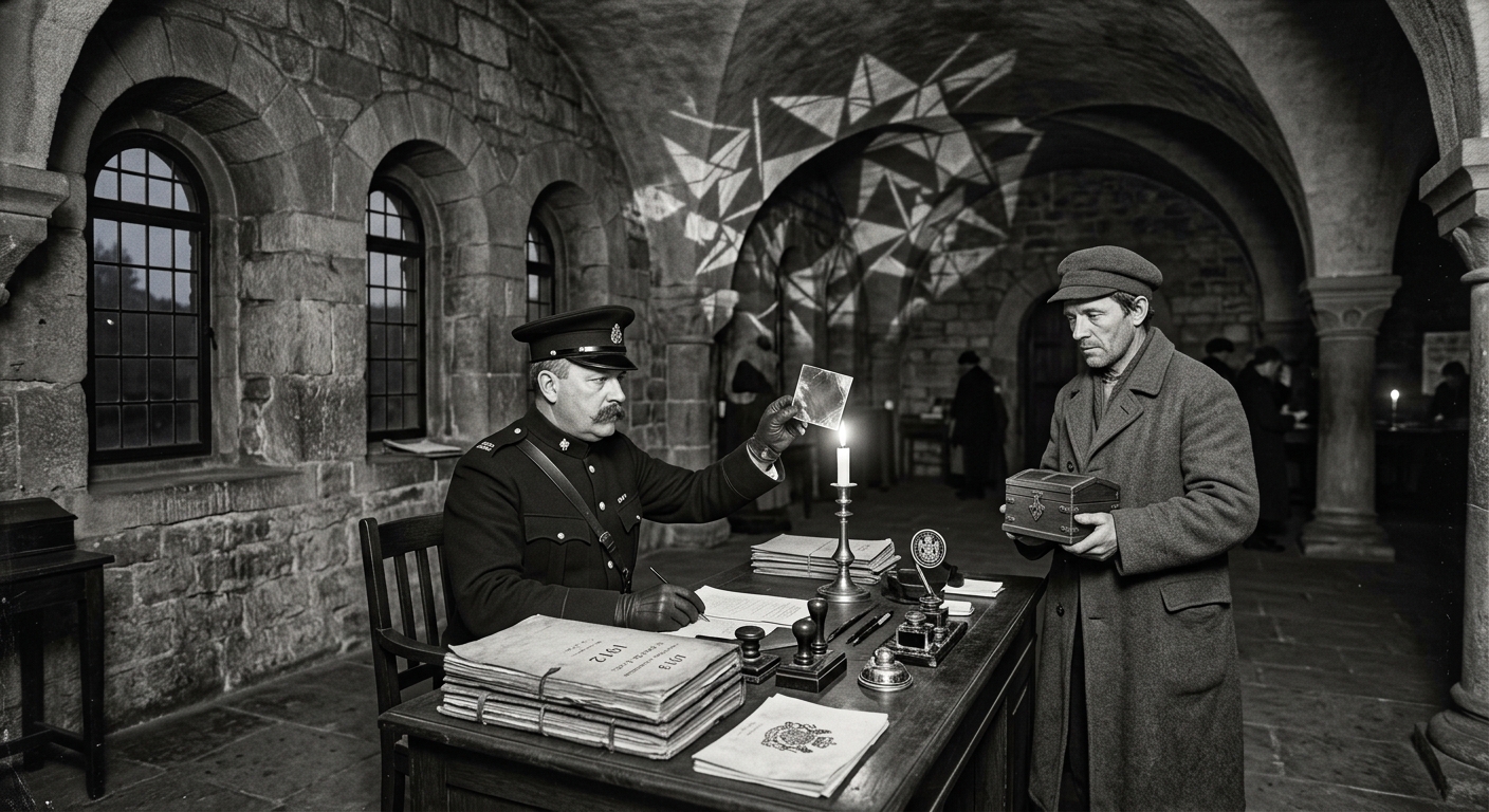 Verifier-Provost at an oak desk holding an oathglass pane to a candle flame, fractured light patterns on the walls