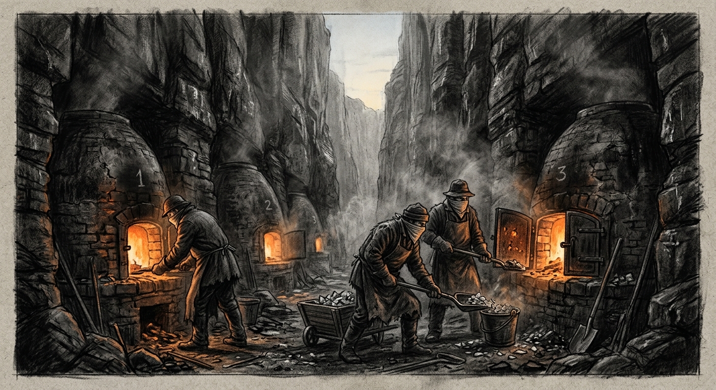 Workers at glass-melting kilns inside the narrow cleft, cloth respirators, glass dust haze at dawn
