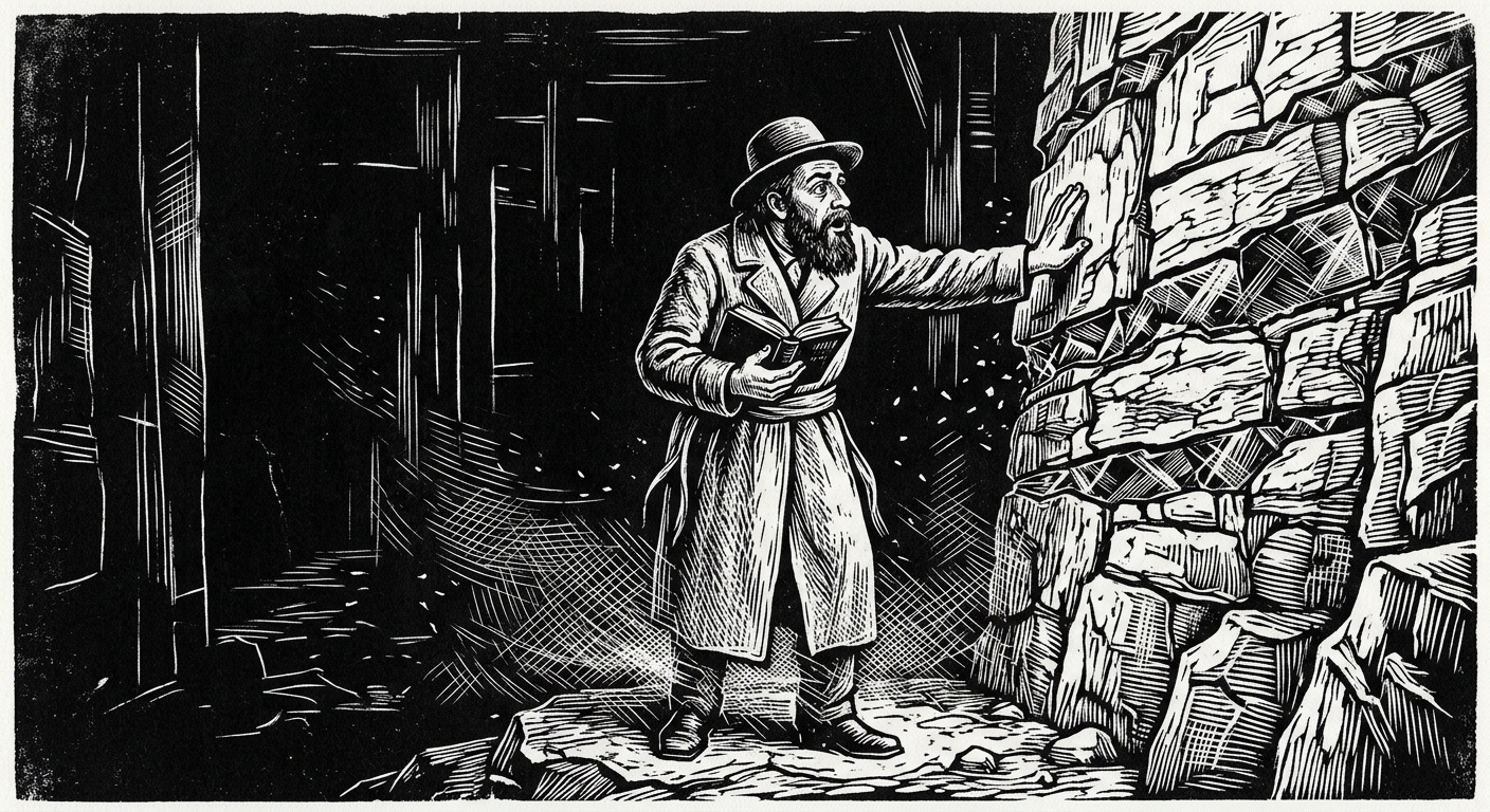 A tunnel cantor frozen at the cliff face, palm pressed to the glass seam, hymnal open, dust suspended in the air