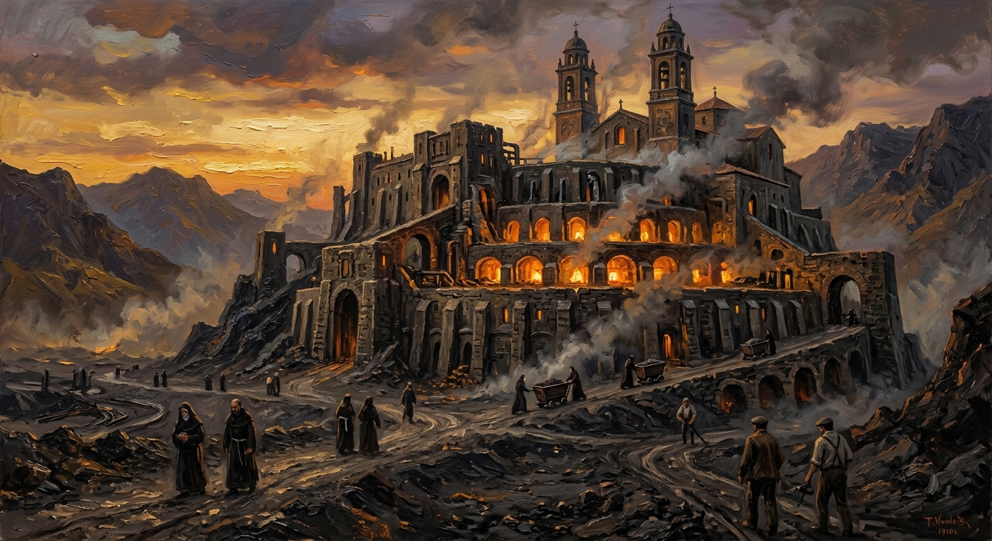 San Vesta volcanic priory on its basalt rise at dusk, tiered ovens glowing amber, heat shimmer above bell-towers