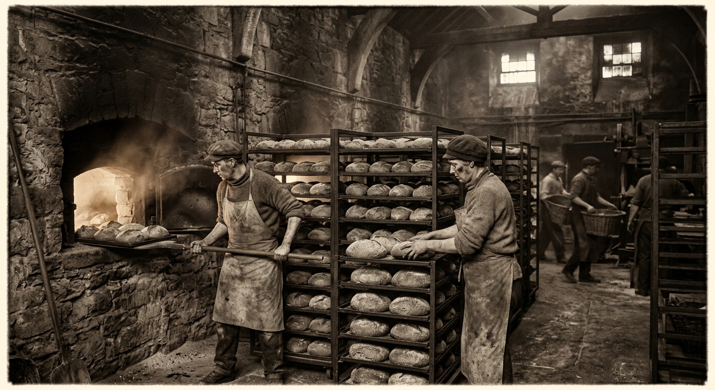 Interior of the Great Ovens, iron racks of grey ash-bread loaves, workers in canvas aprons, volcanic glow
