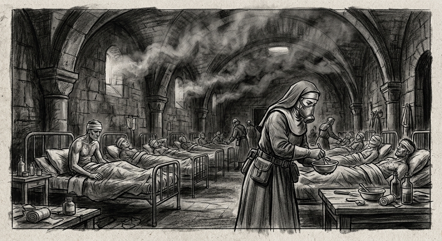 The Scorch-Cure Infirmary, blue-white antiseptic smoke, convalescent soldiers on iron cots, Sister-Physic in respirator