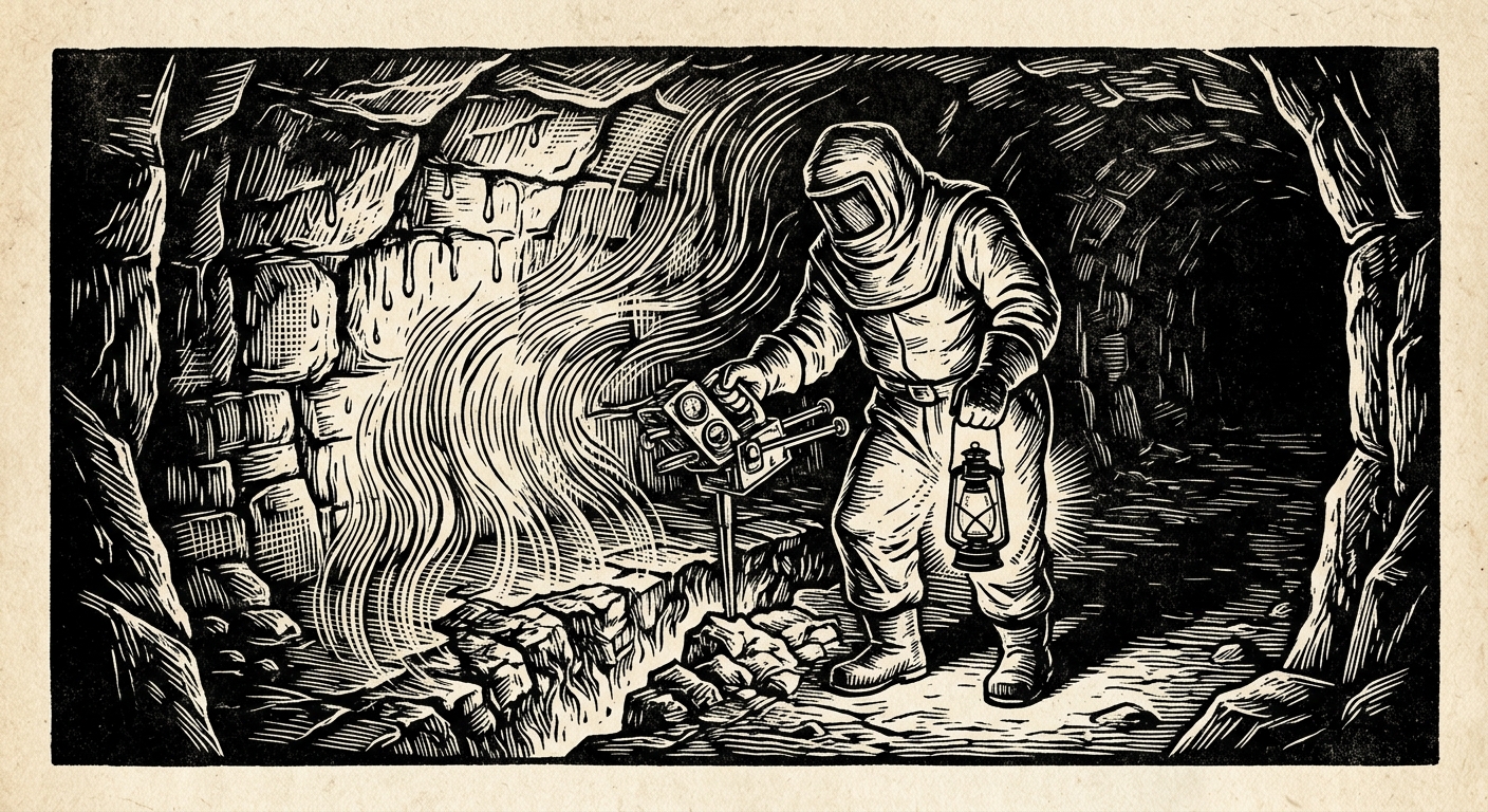 Vent-Warden with measuring instruments over the sealed basalt vent floor, heat distortion rising, dim oil lantern