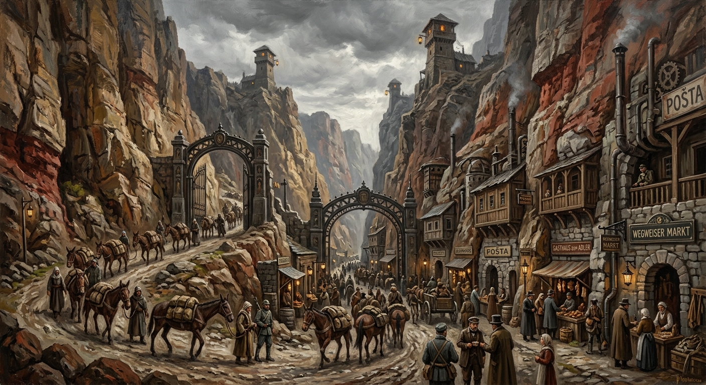 Peregrine Row waystation-market from the western canyon approach, limestone cliffs rising on both sides, pilgrims filing through iron gate arches