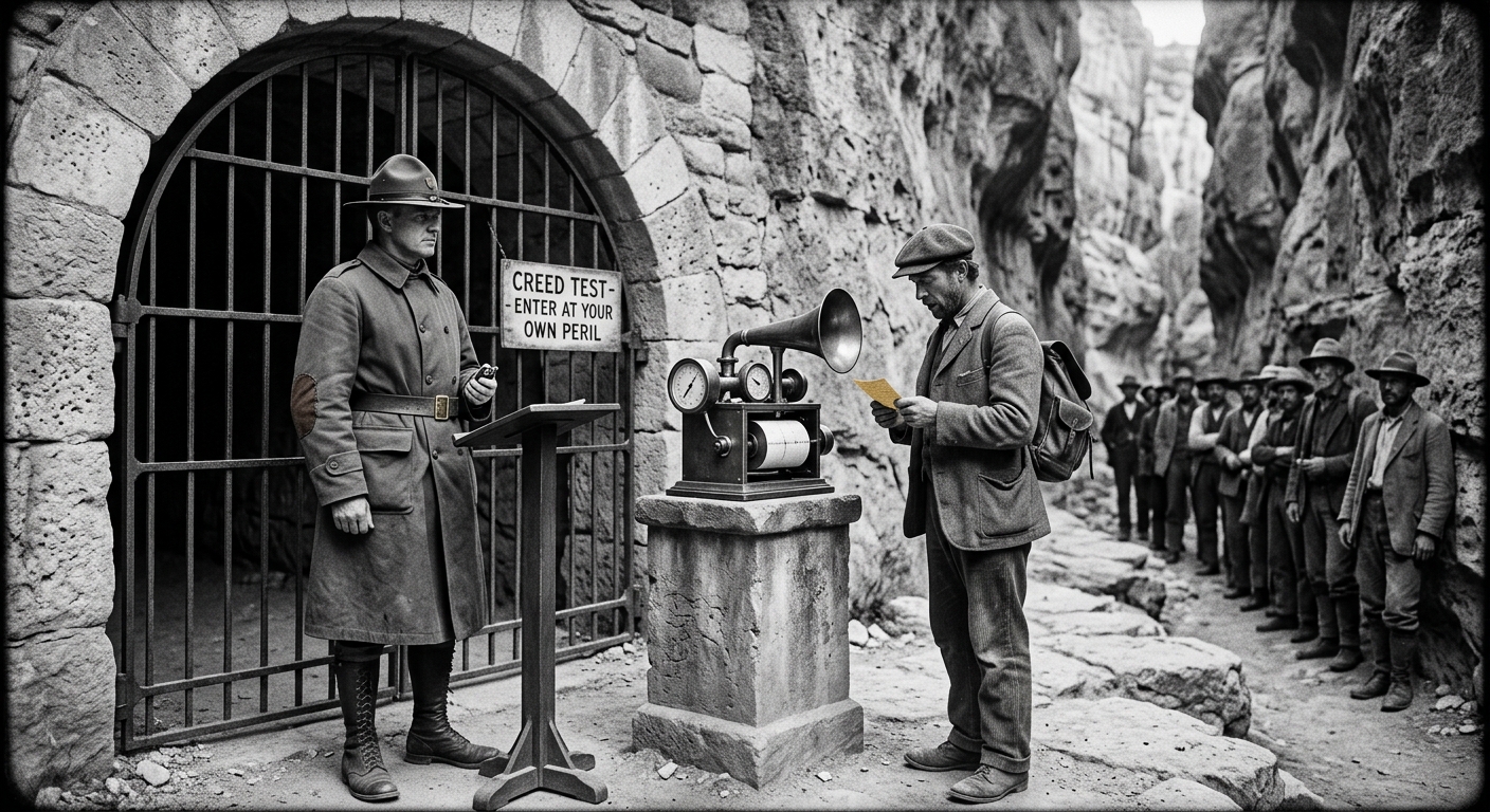 Creed-test proctor at the Gate of Clean Tongues, pilgrim reading from a card before a brass sound-gauge