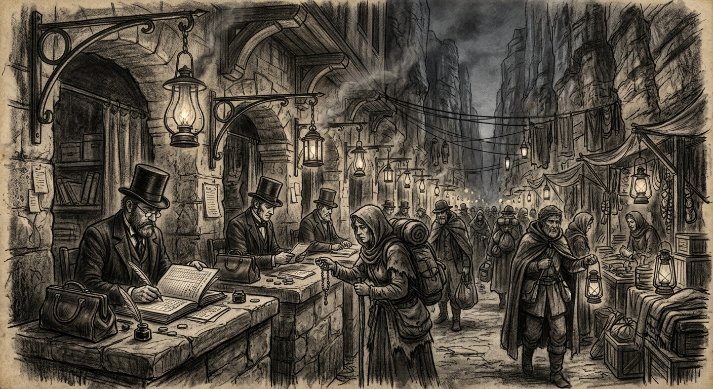 Licensed brokers behind stone counters in the canyon market, pilgrims handing over bead strings and coins