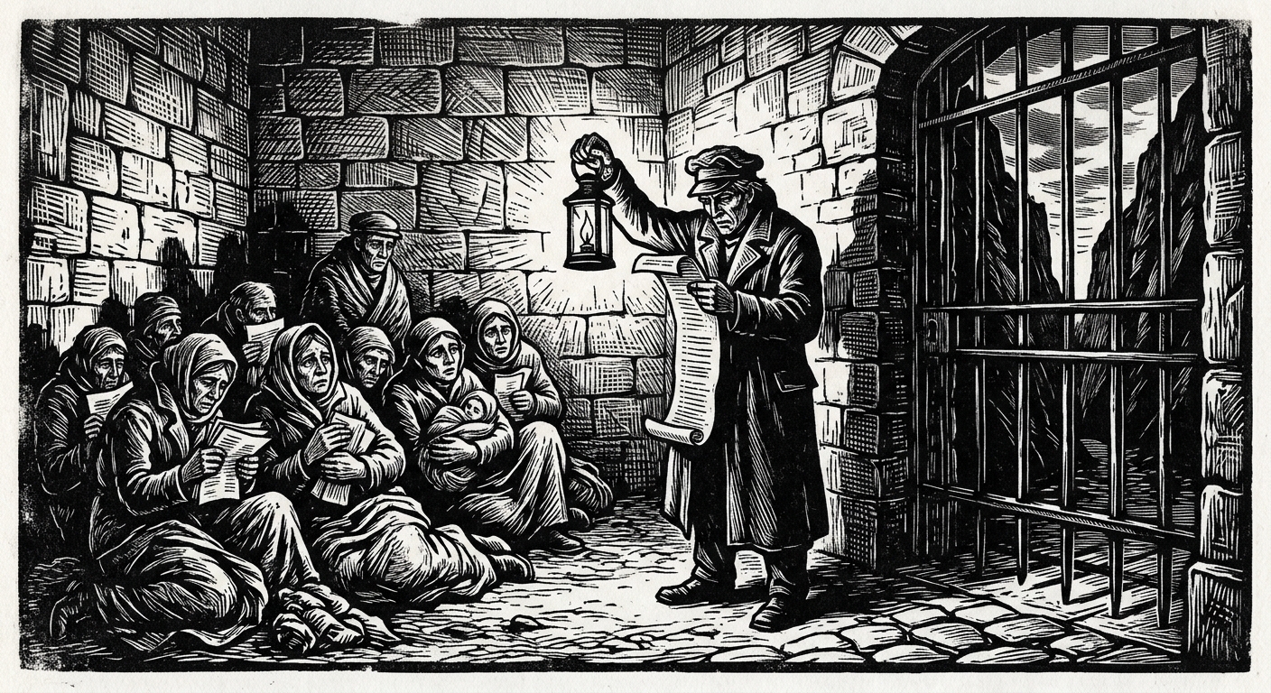 Stone-walled detention yard, pilgrims sitting on ground holding papers, warrant-clerk with lantern checking a list