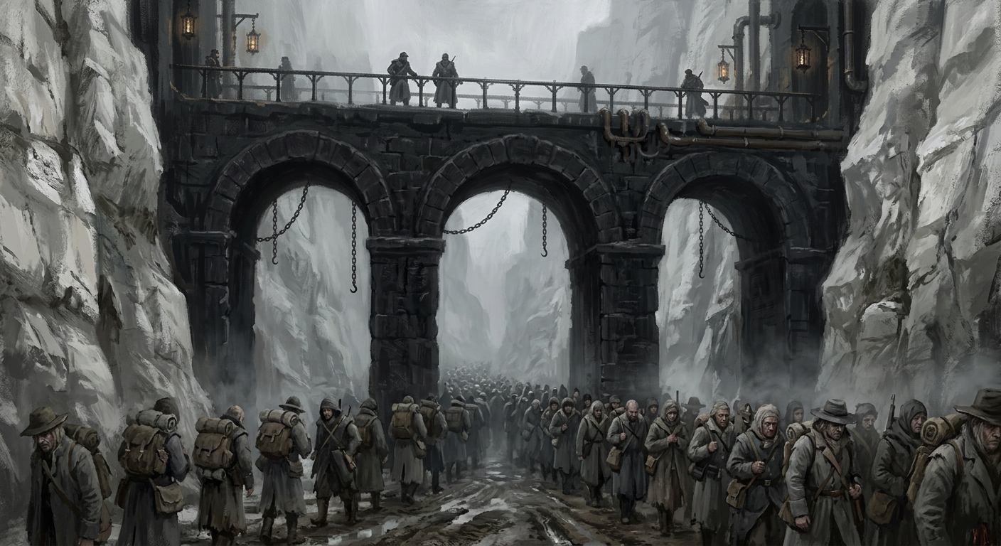 Three black Roman basalt arches cut through chalk bluffs, thousands of pilgrims queueing beneath in grey light, a provost gallery bridging the cliff tops above