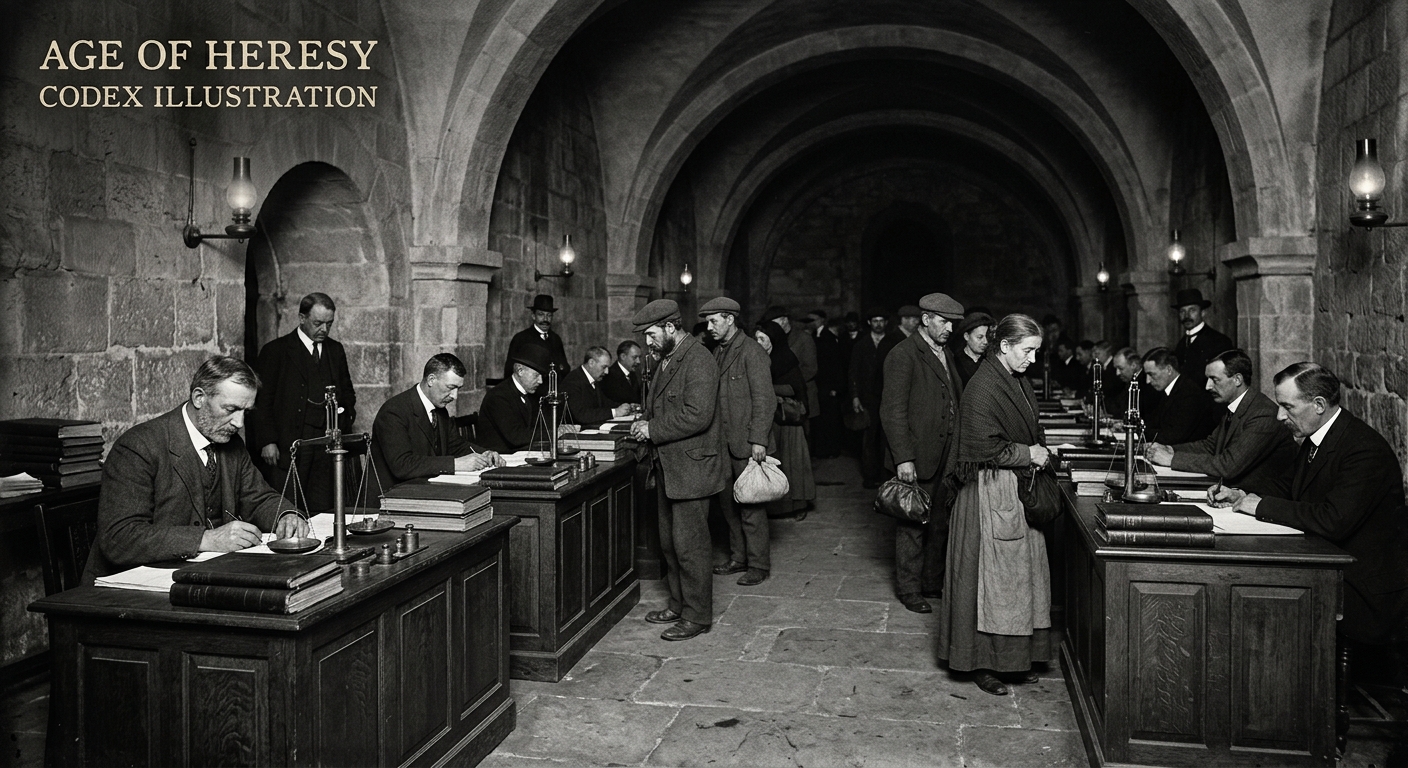 Grief assessment clerks at heavy oak desks with brass balance scales and ledgers, pilgrims standing before them in a vaulted stone hall