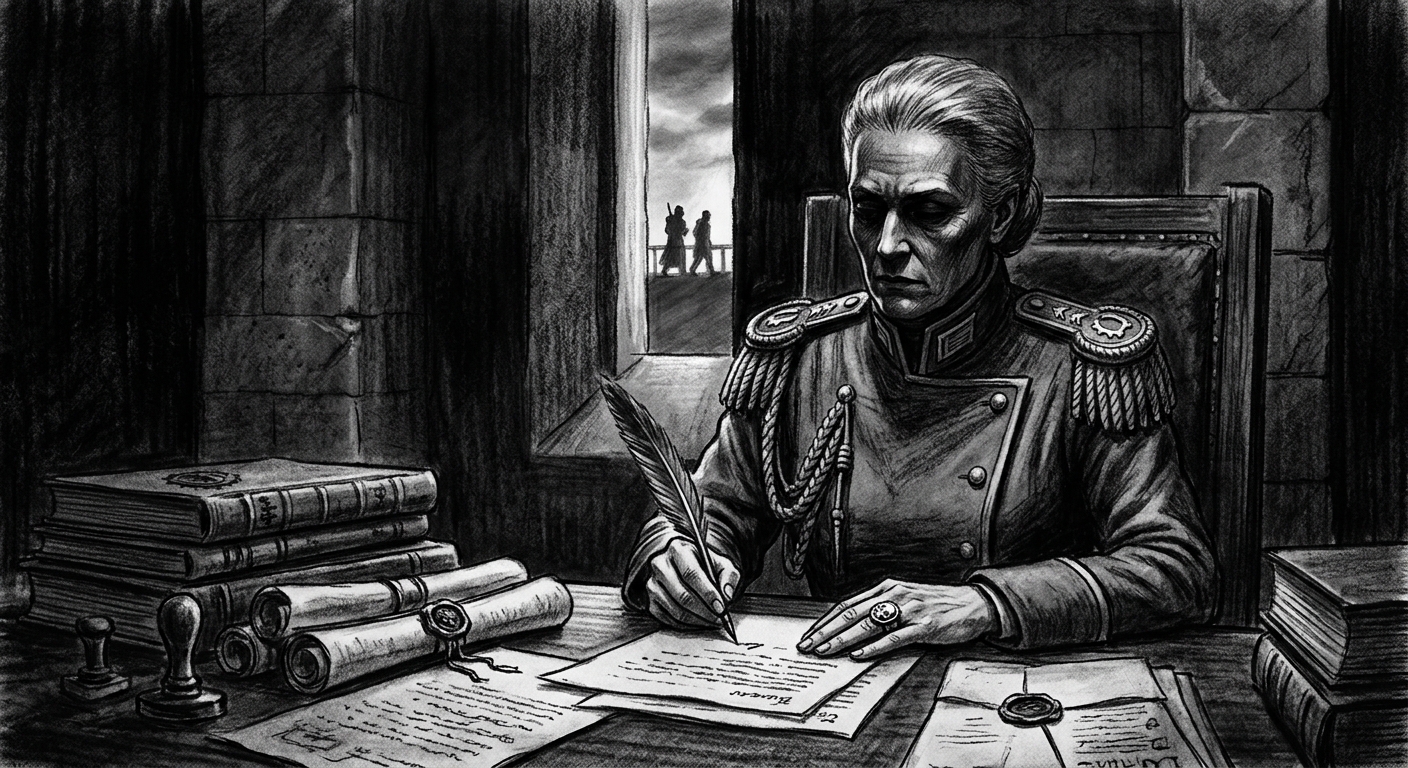 Gate-Canon Meral Voss signing documents at a ledger-piled desk, stamp ring on her hand, provost walkway visible through the slit window behind her
