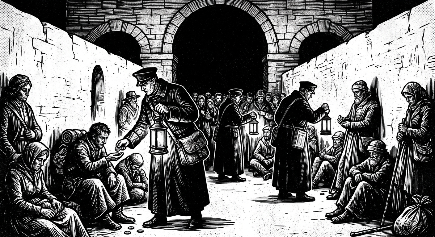 Robed Penny Collectors with brass lanterns moving through the night queue, collecting coin from exhausted pilgrims seated against chalk walls