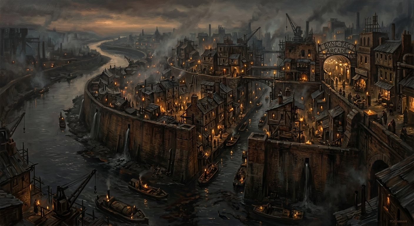 Candle-Sump District from above at dusk, tallow candles glowing amber through fog along the canal spine