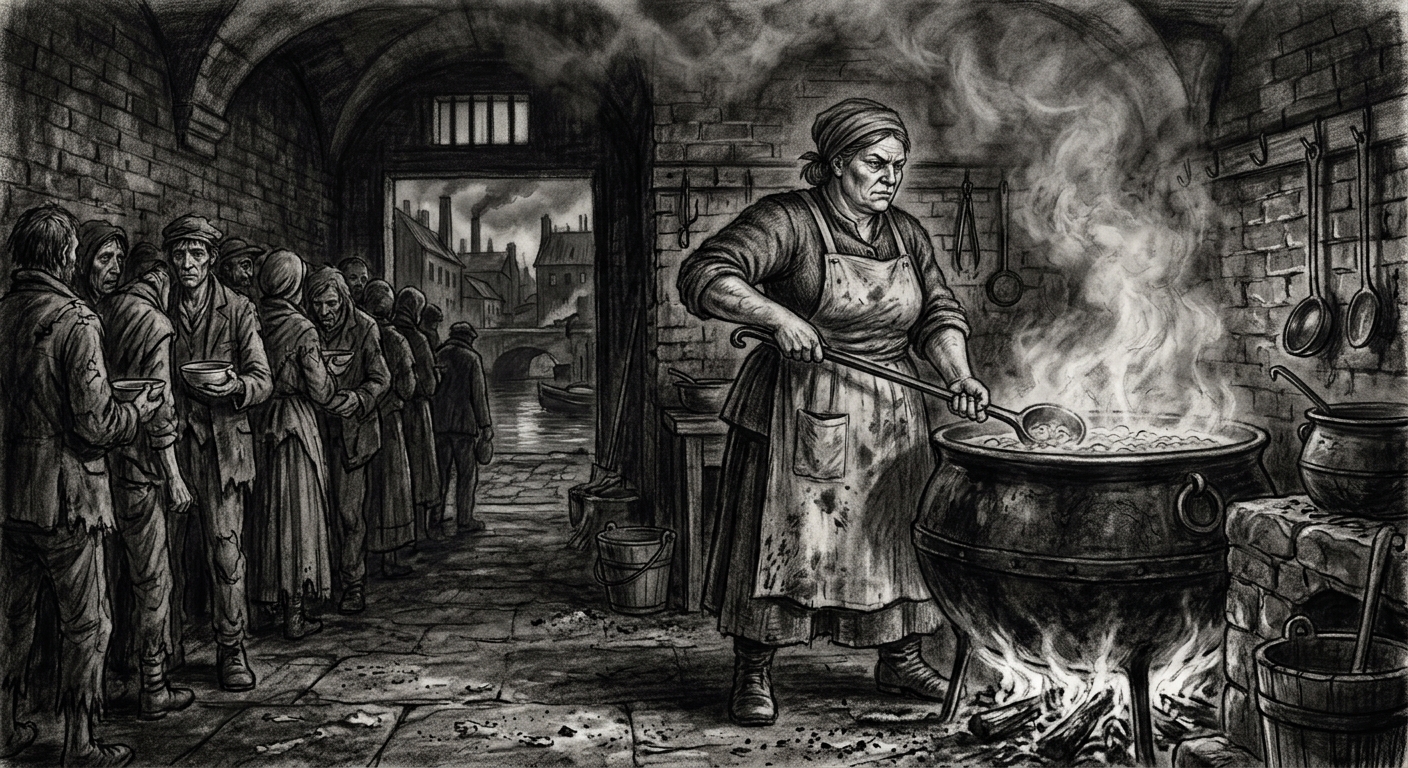 Matron Ilka stirring bone broth in the Marrow Kitchens, steam rising, hungry residents queuing behind her