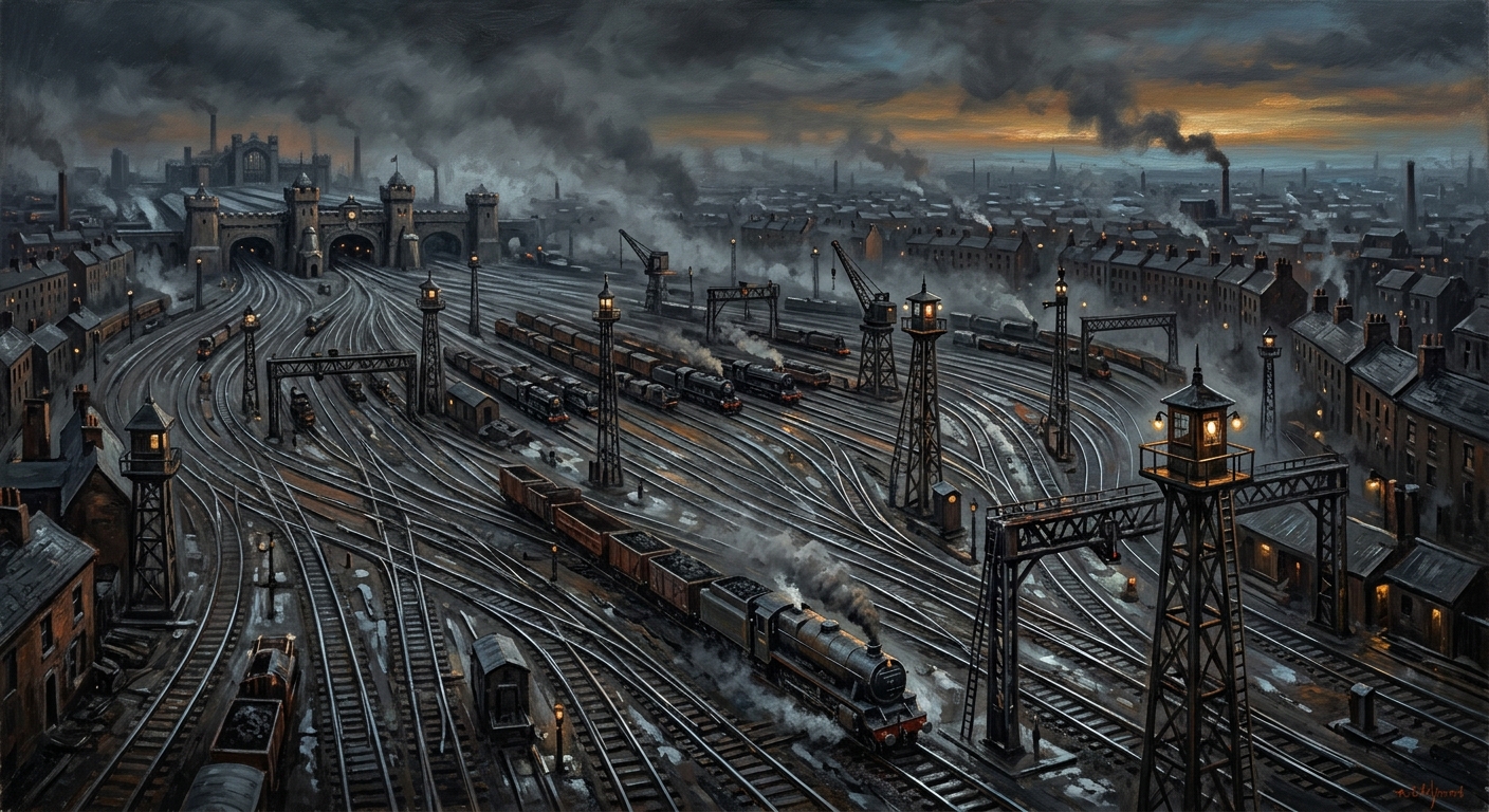 The Palatine Switchyard of Lorn at dawn — a vast iron plain of switch points and signal towers, twelve converging rail lines, coal haze and bell fog over the yard floor