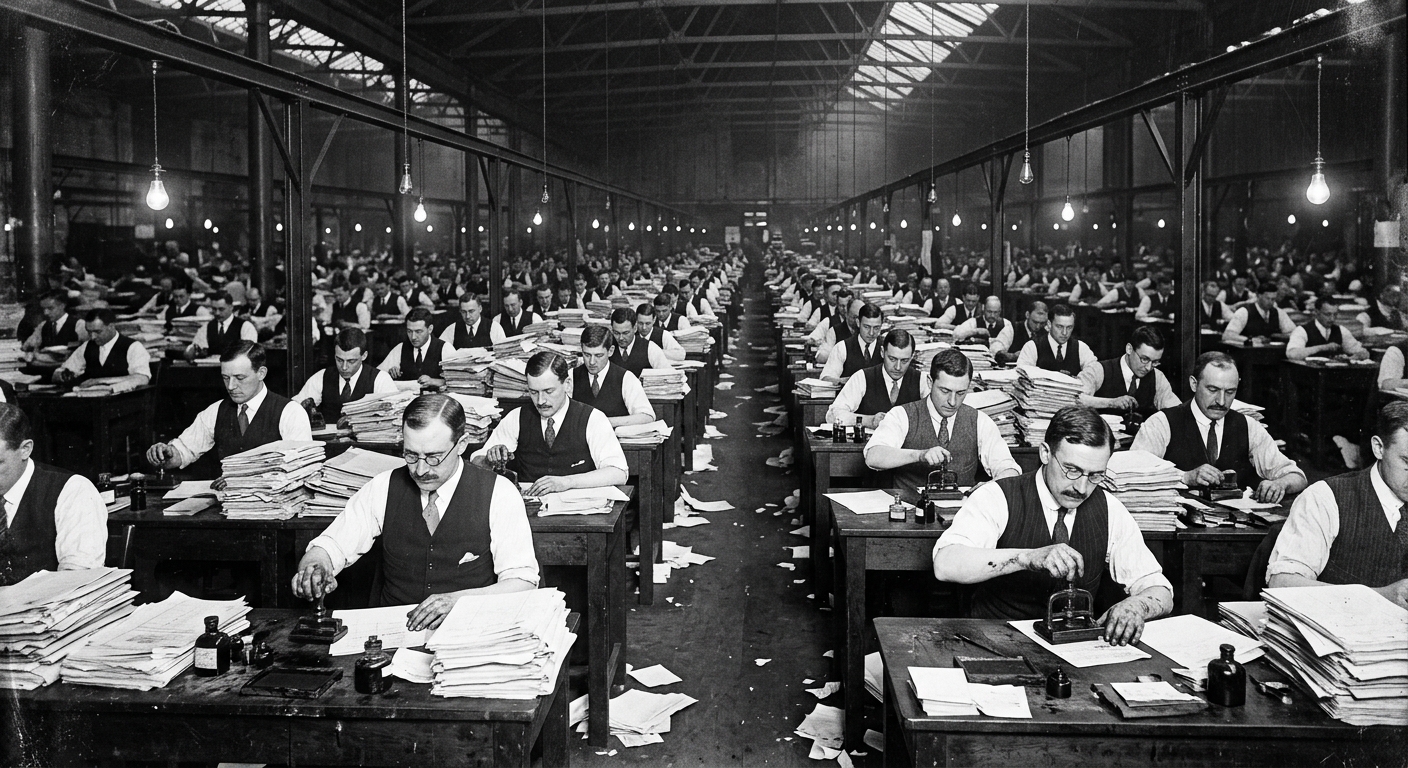 The Manifest Basilica stamping halls — rows of clerks at ink-stained desks, stamp presses, paper stacks, bare electric lights