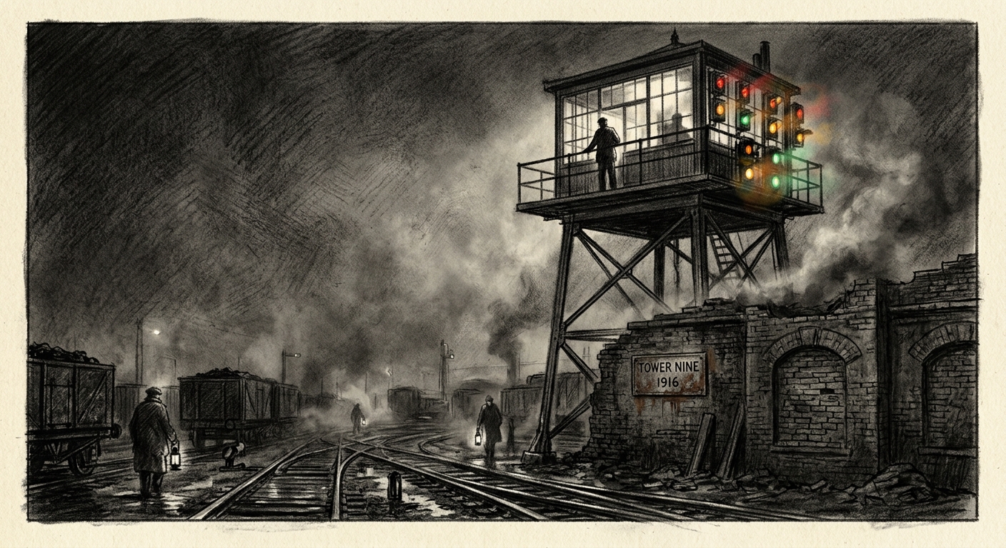 Tower Nine at night — iron-and-glass control cage elevated above the yard, signal lamps blinking in wrong sequence, sealed clock tower bricked into the base