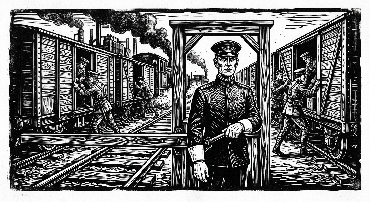 Yard Palatine Kessel at the Needle inspection gate — immaculate gloves, provost teams searching cargo cars behind him