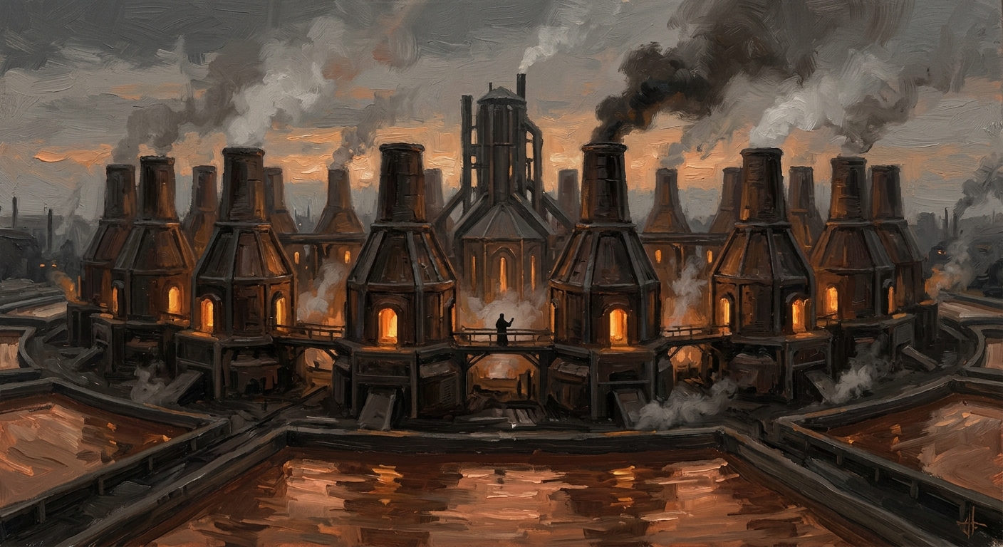 The Chrismole Crown of Brast from the slag berms at dusk, seventeen fire-brick kilns glowing amber