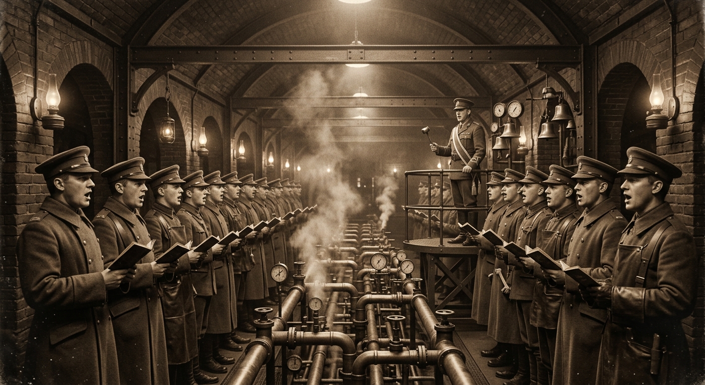 Choir-technicians singing in the Sanctification Nave before condensation pipes and pressure gauges