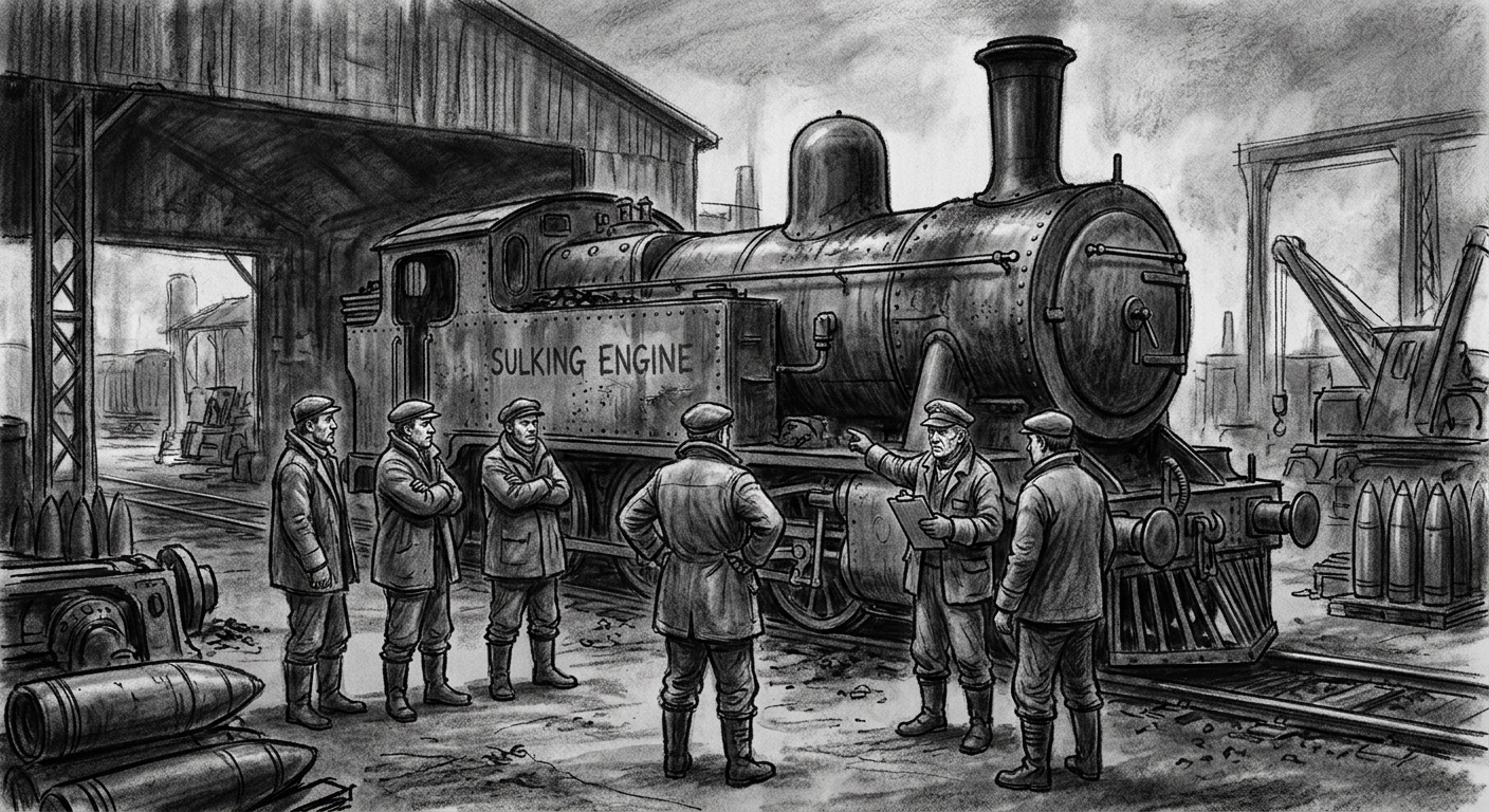 A Sulking Engine halted in a rail siding, workers gathered around it at a cautious distance