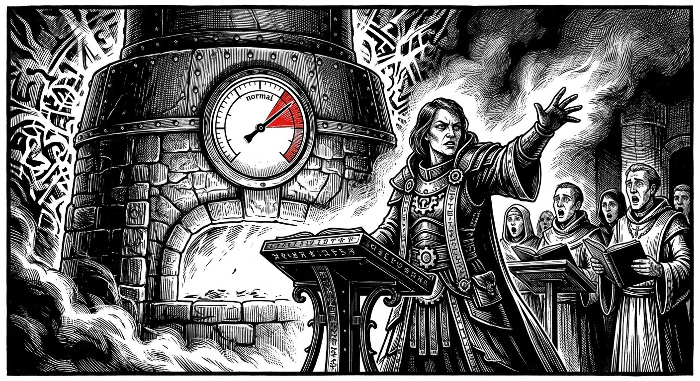 Choirmaster-Calibration Ilyra Kest conducting at the pressure-bell podium, furnace gauge needle in the red sector behind her