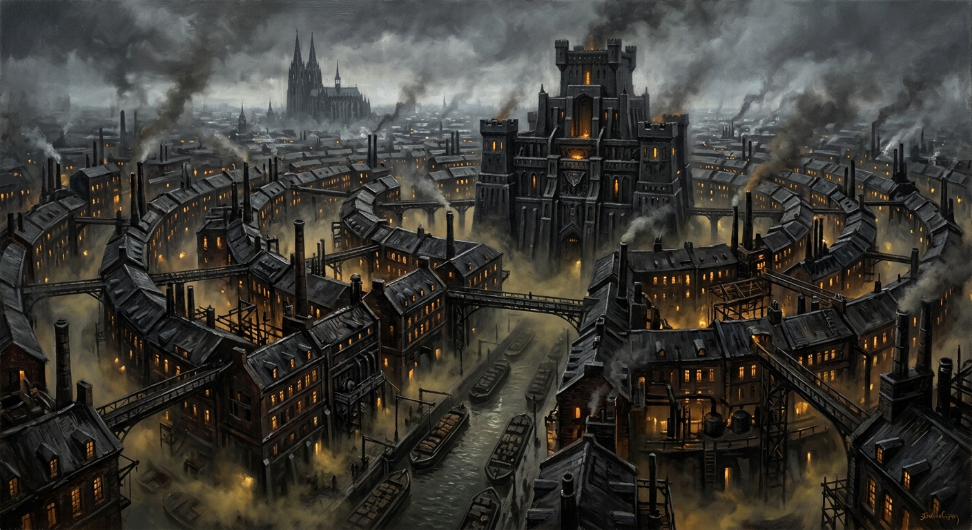 Aerial view of Sable Court, the Crownwright Diehouses quarter of Cologne, concentric mint buildings in fog