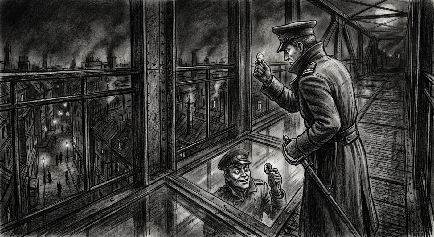 Warden-Captain Kline on the Warden Walk, holding a coin to the mirrored inspection window at night