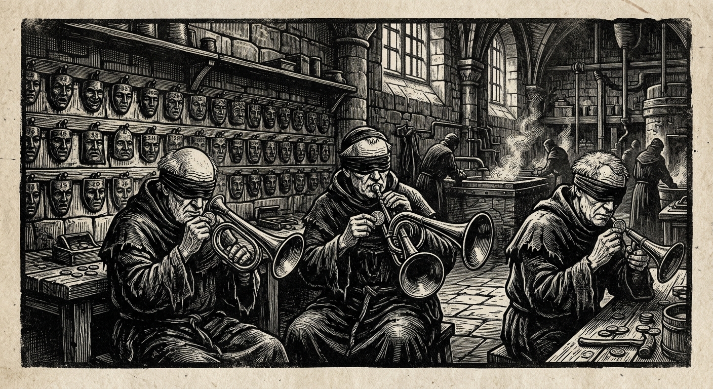 Blind assay-clerks testing coins for face fidelity in the Assay Cloisters, eyes wrapped in black cloth