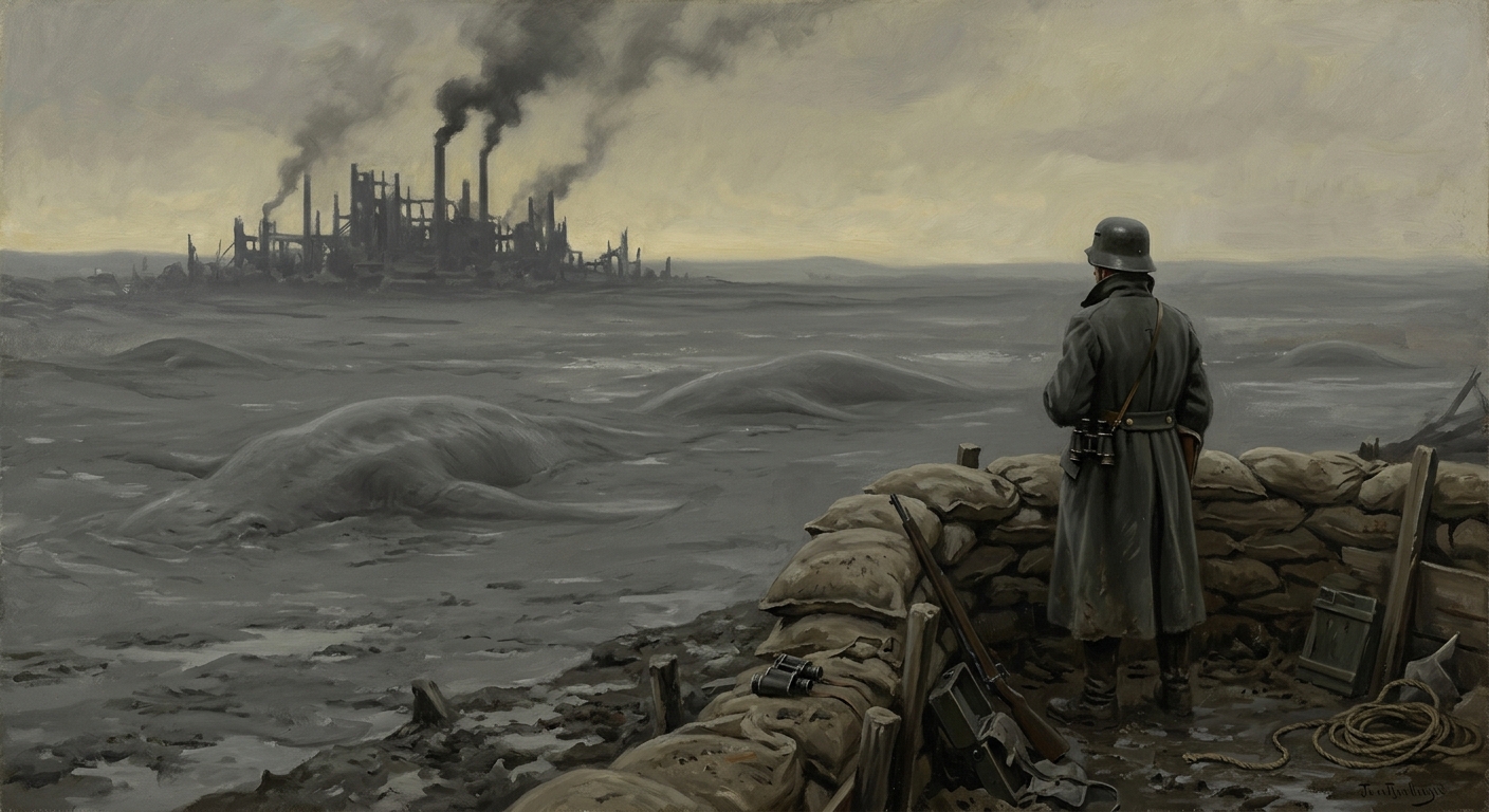 The Blightmarsh viewed from Observation Post Kestrel-9, grey mud plains stretching to the horizon with the Cauldron Citadel smoking in the distance