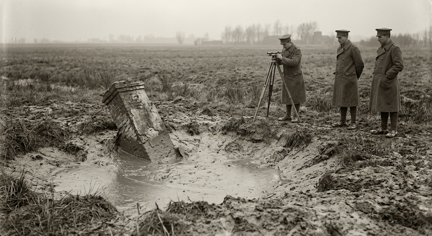 Bureau soldiers at the edge of a Famine Pit, a buried farmhouse chimney protruding from grey sediment