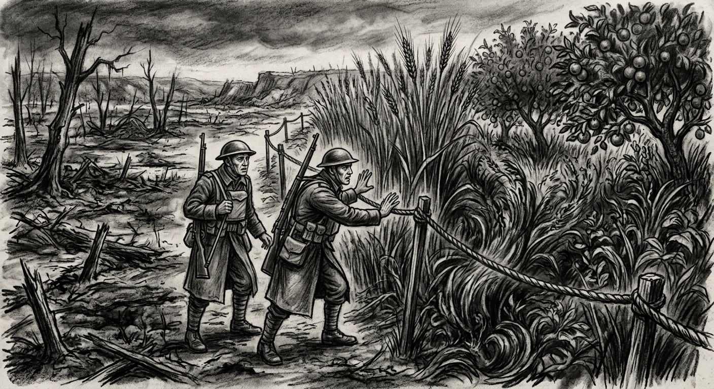 The Abundance Fields at the Blightmarsh boundary, impossible lush crops beside dead grey mud, soldiers watching behind a rope barrier