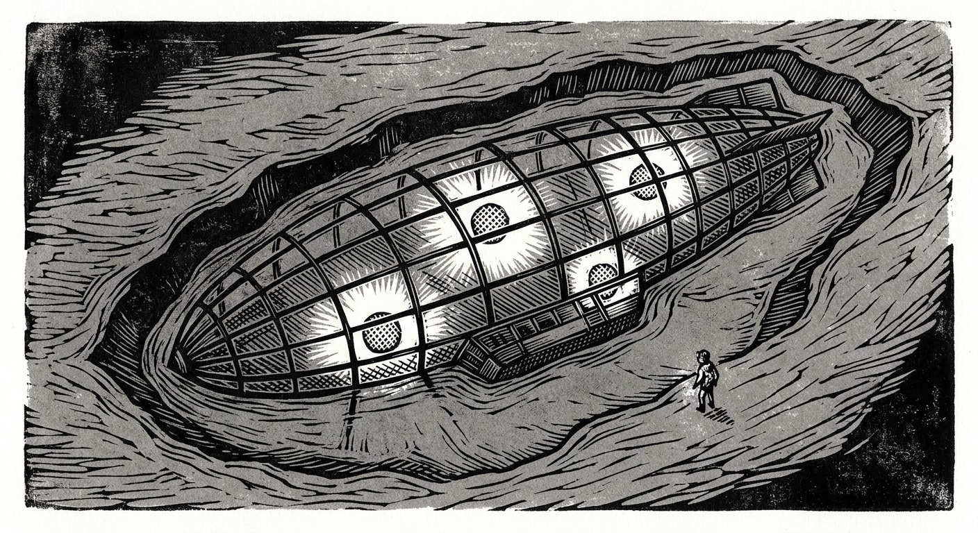 The wreck of the Vigil Ark Sanctissima Vox visible beneath the grey mud surface, relic lanterns still glowing faintly below