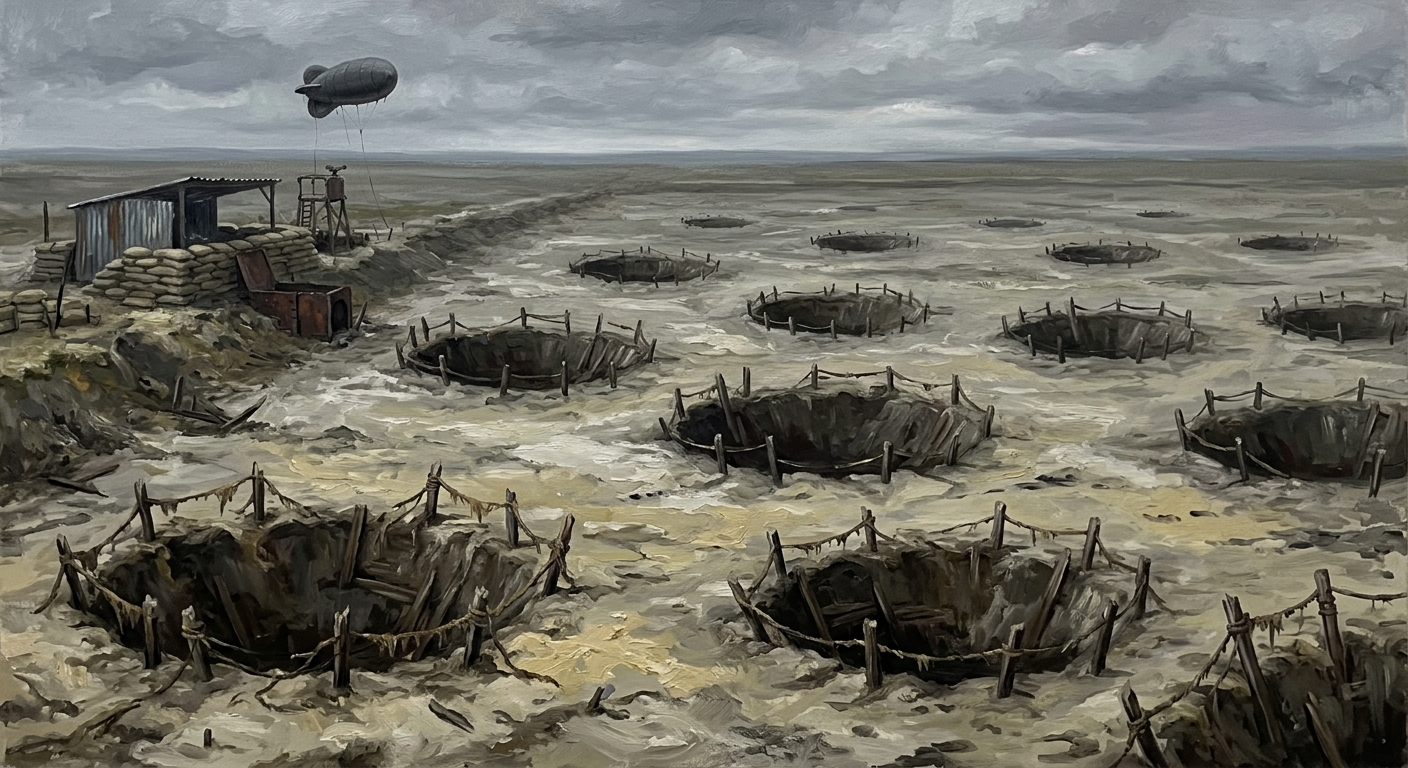 Aerial view of fourteen mass-burial craters in the grey Hungarian plain, each ringed with weathered stakes, a Bureau observation post on the ridge
