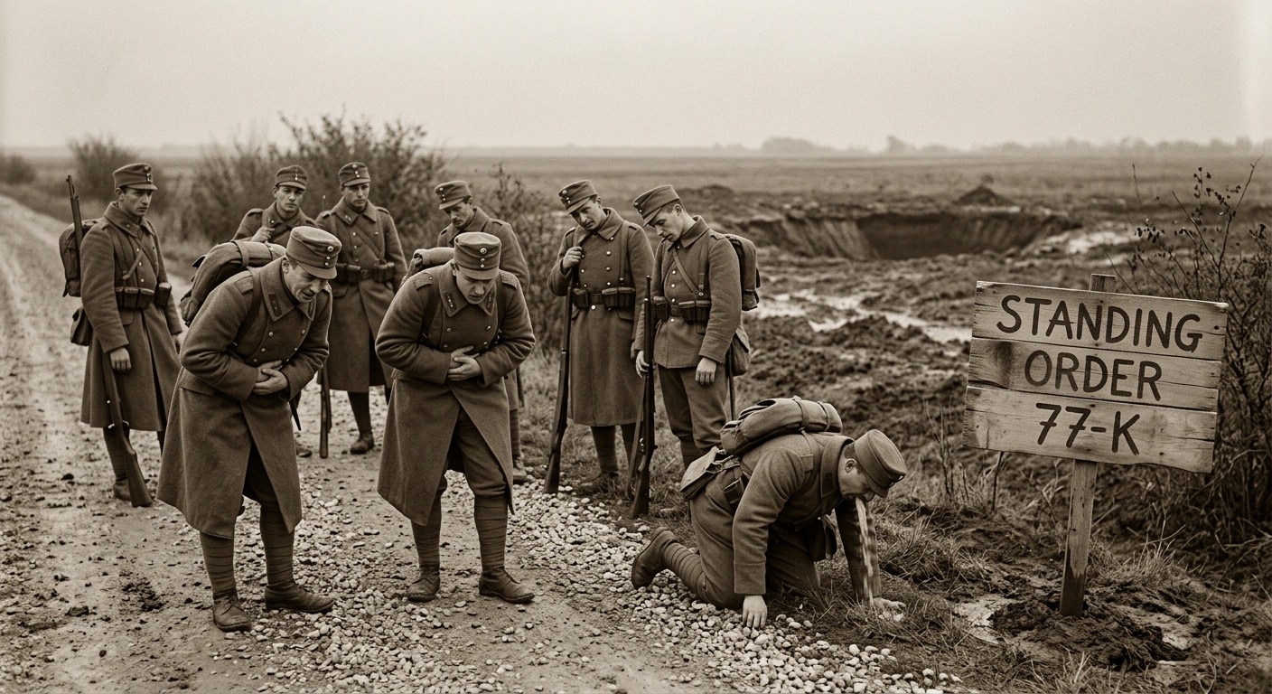 Synod patrol soldiers doubled over with cramps at the exclusion zone perimeter, one man kneeling in the mud