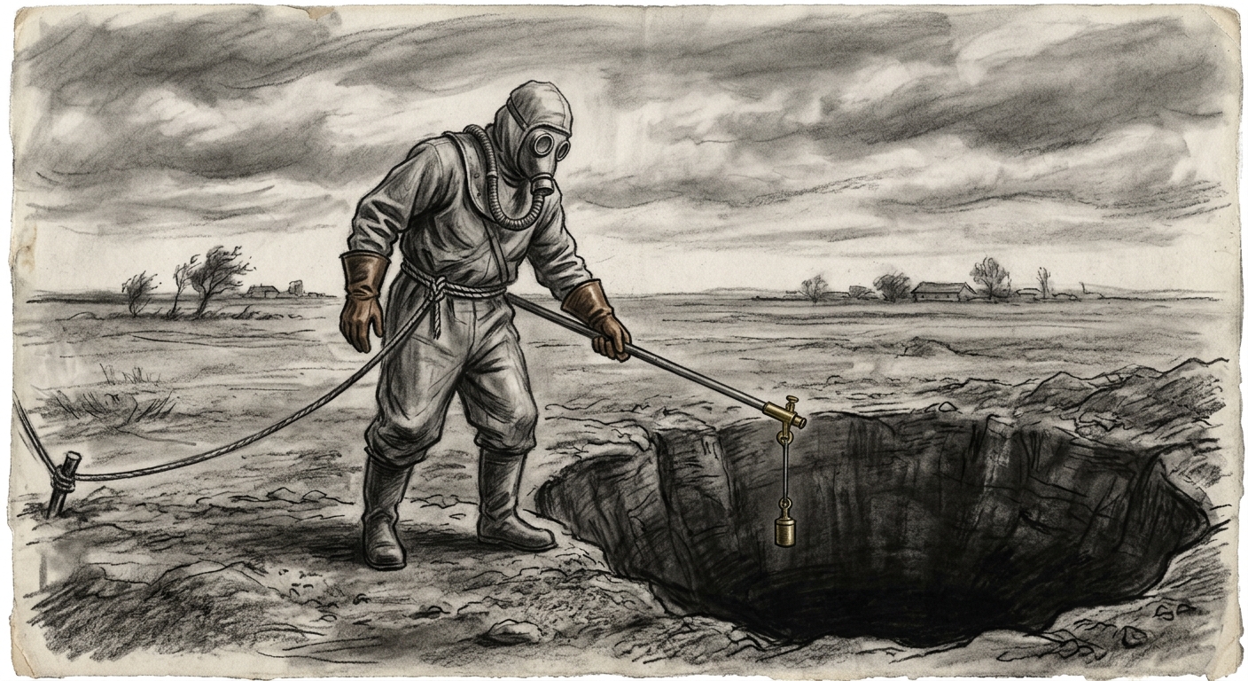 A Hunger Warden in canvas isolation suit at the lip of a Famine Pit, rope safety line, measuring instrument extended over the void