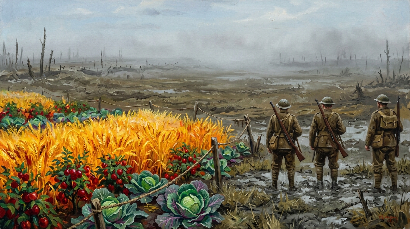 The Abundance Fields at the Blightmarsh's edge — impossible crops in violent colour against grey mud, a patrol at the rope perimeter