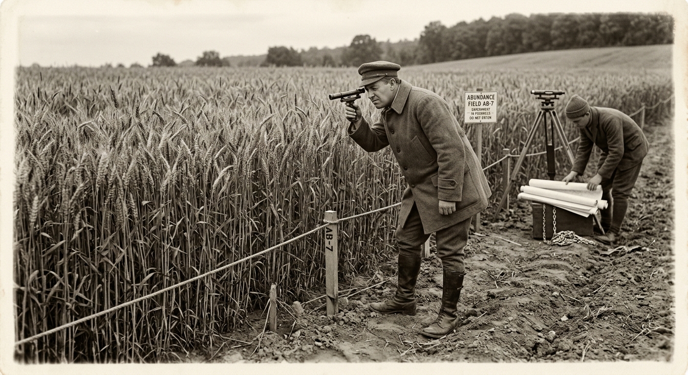 Bureau cartographer at the edge of AB-7, measuring instrument in hand, standing at the rope perimeter