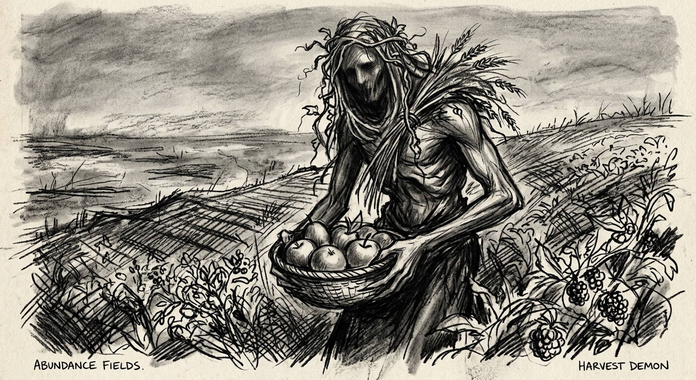 A Harvest demon tending the Abundance Fields, figure draped in vines and sheaves in a posture of offering