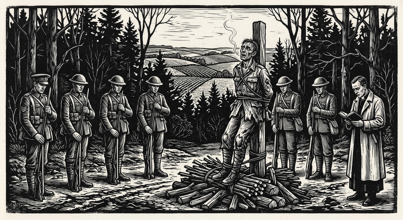 Military execution at the pyre — Corporal Mettler, convicted under Martial Code 14-D, his mouth still working