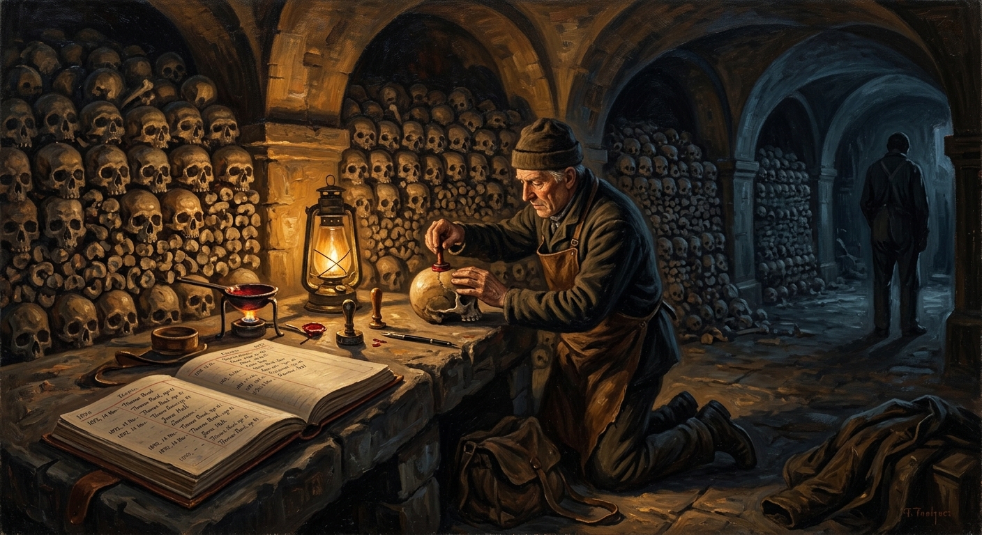 A bone-stamp clerk applies a wax seal to a skull by lantern light, surrounded by geometric stacks of skulls stretching into shadow, a figure standing at the edge of the frame