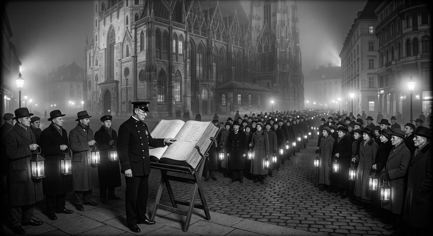 Festival of Departed Flames procession at night, ash-oil lanterns carried through a cathedral square, a clerk reading names from a tall ledger