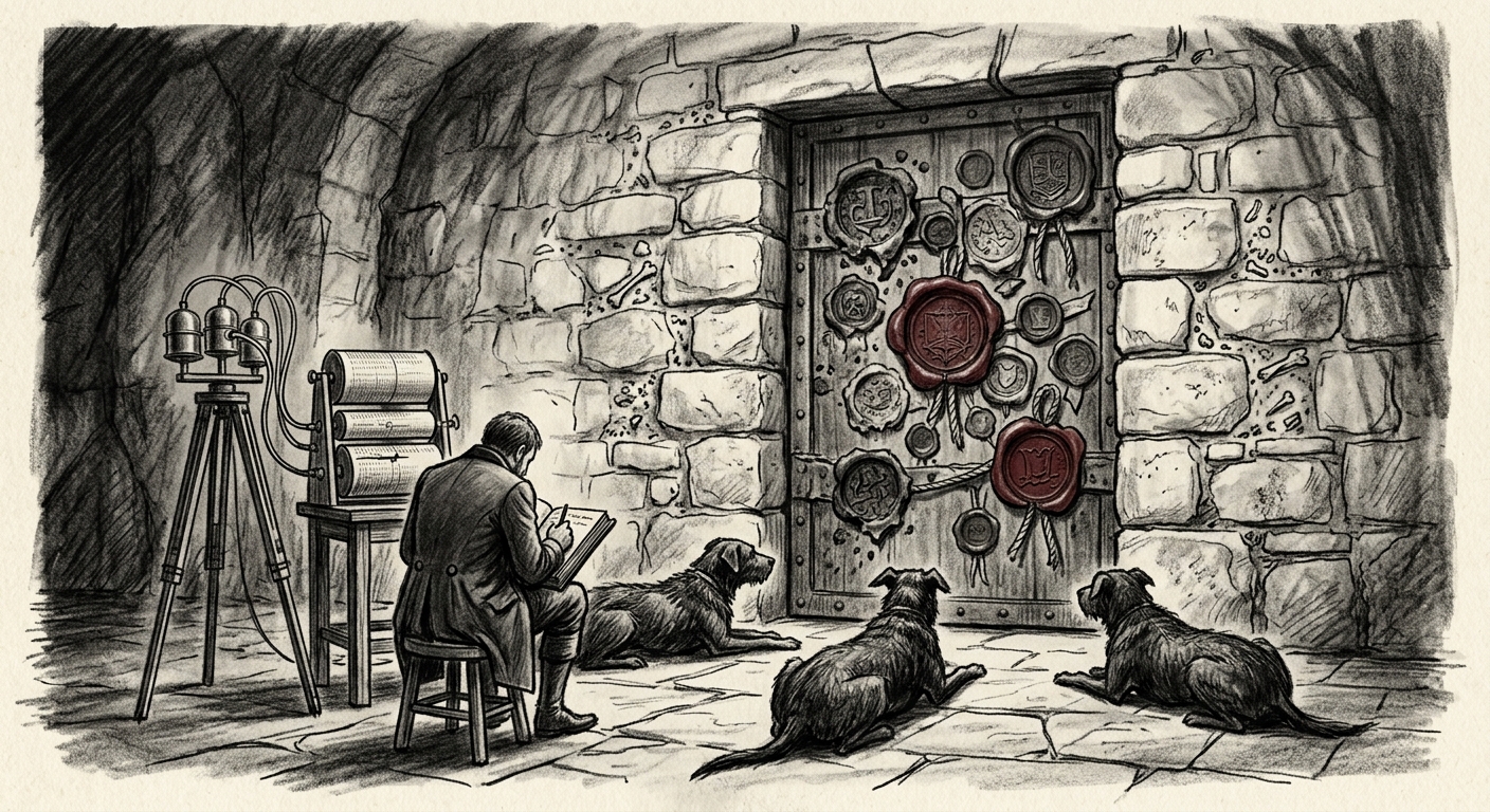 The Third Ossuary sealed door covered in seventeen overlapping wax seals, bell-resonance instruments nearby, dogs lying flat facing the door