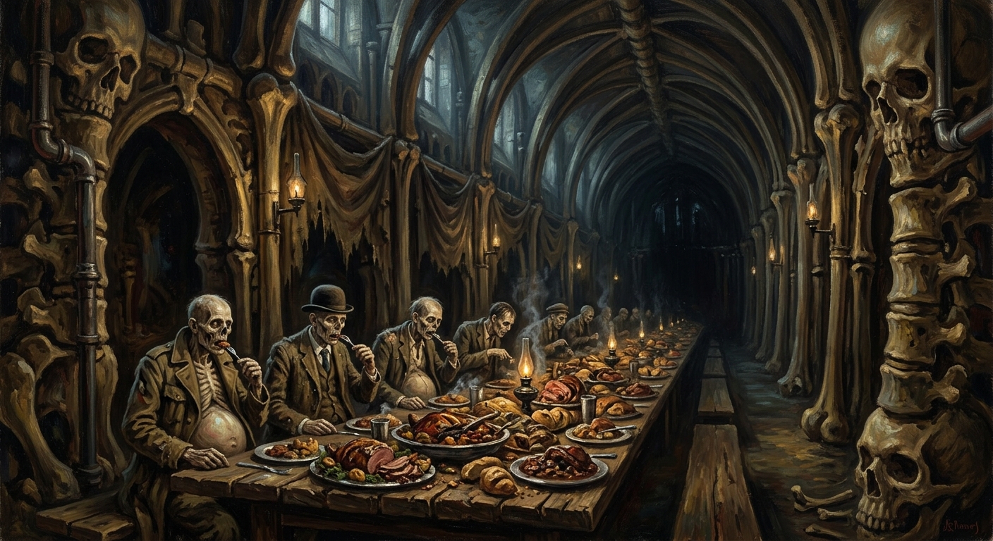 The interior of the Hollow Court — bone vaulting, the eternal feast table stretching into darkness, wasted guests eating without end