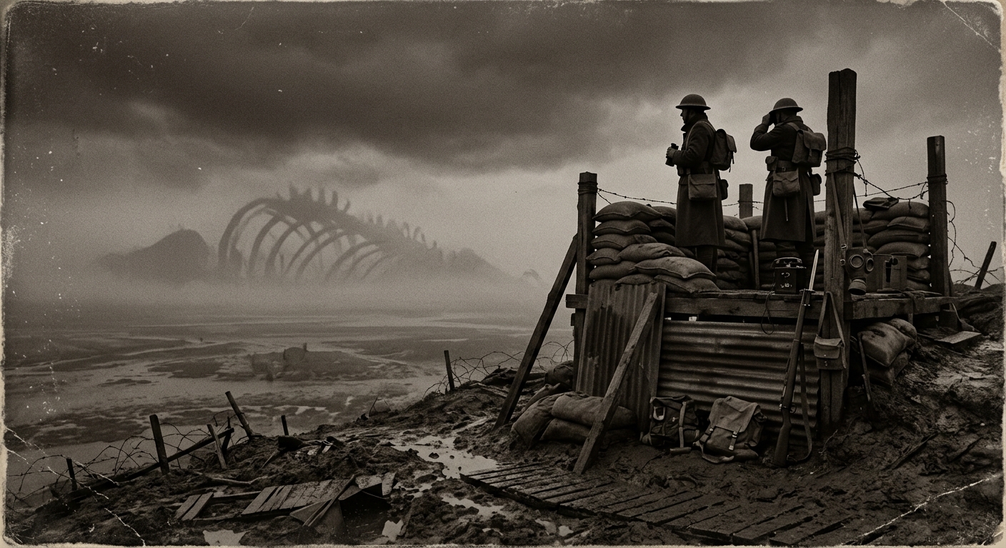 Bureau of War observation post on the Blightmarsh ridge, the Hollow Court's rib-spires barely visible through grey overcast