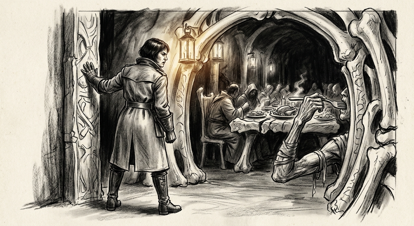 Bureau of Shadows operative standing in the antechamber bone doorway, peering at the feast within