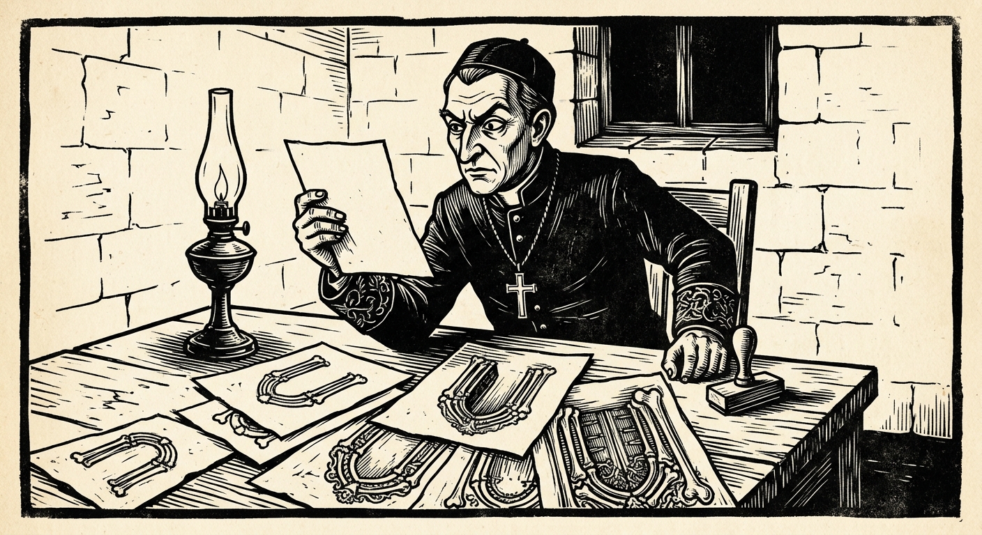 Drax at his debriefing desk reviewing the deponent's sketches — the doorway drawn seventeen times, each iteration larger