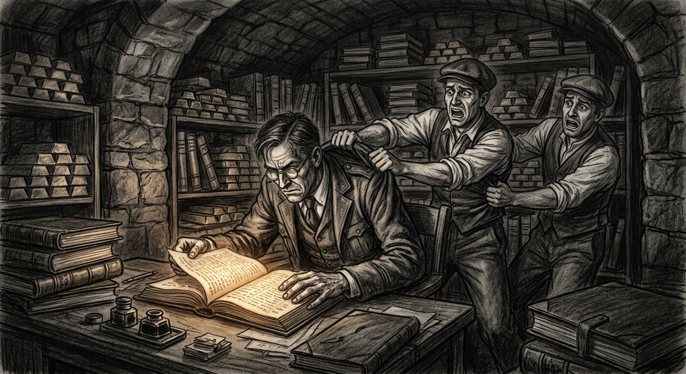 Inspector Joris Venne in the Counting Halls, unable to release the ledger