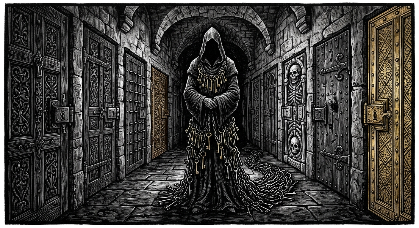 A Keymaster of the Vault standing in a corridor of locked doors