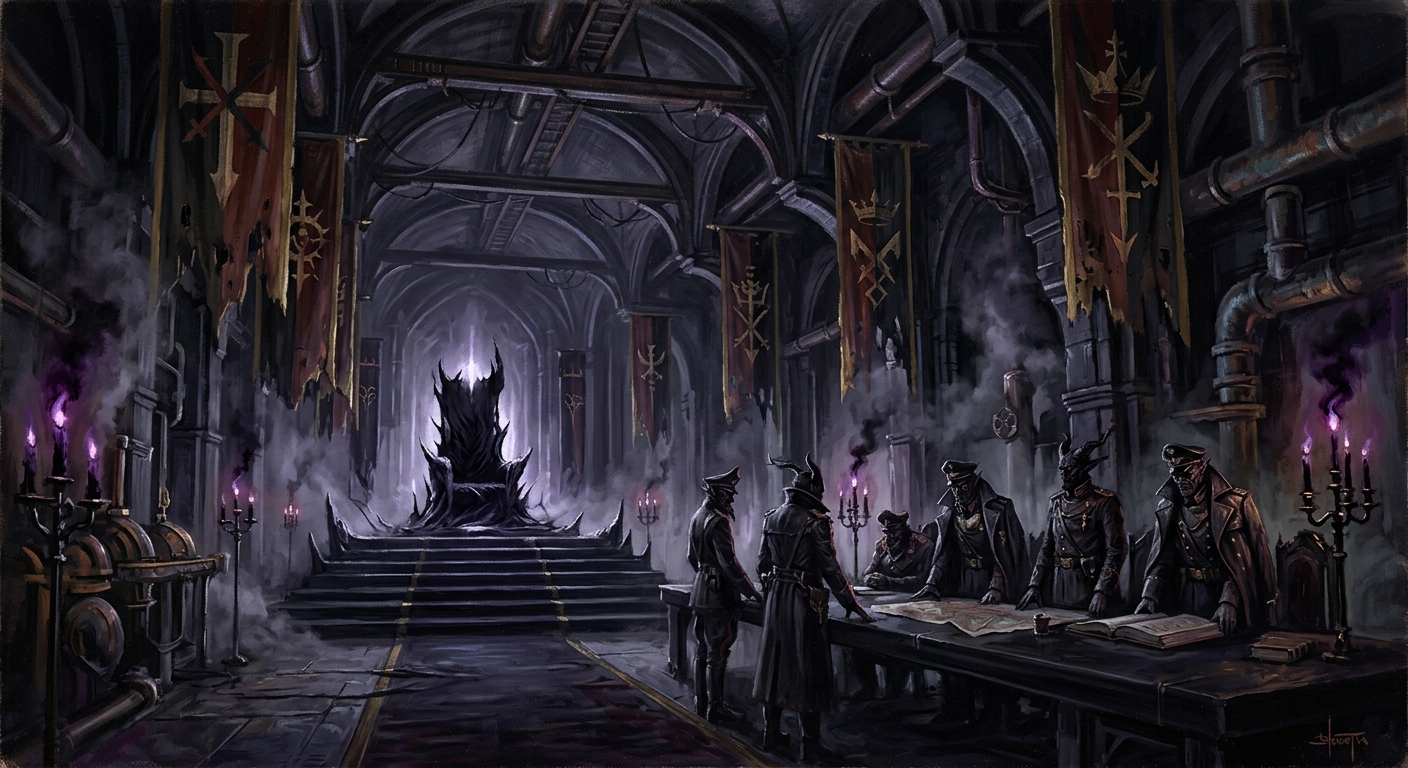 The Shadow Court throne room — the Black Throne at the far end, Seven Sin-Generals arrayed at the obsidian table, inverted banners, cold black candle-flames